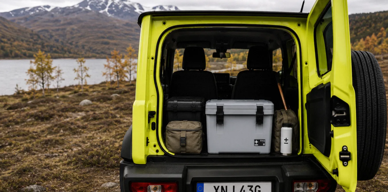 FIXIF Crate 36 loaded in a Suzuki Jimny at a Nordic lake